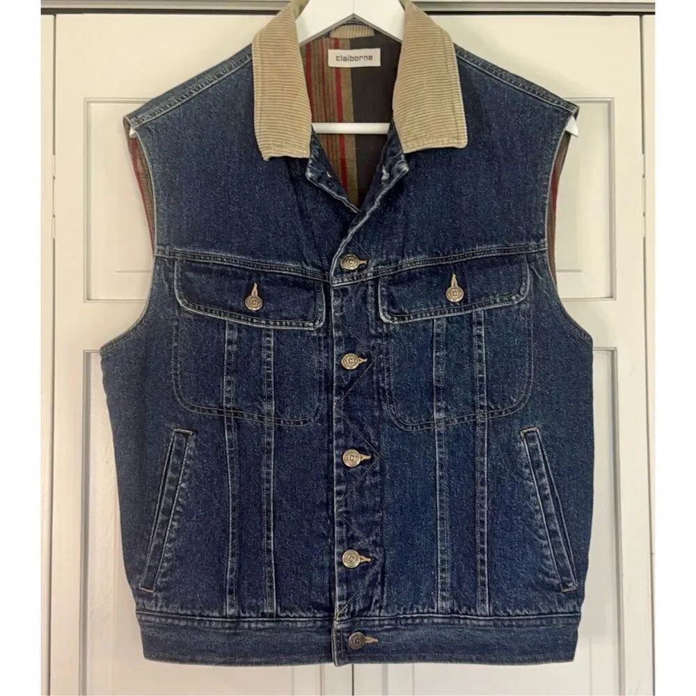 Claiborne Vintage denimโvest flannel lined with corduroy collar small - Picture 11 of 11